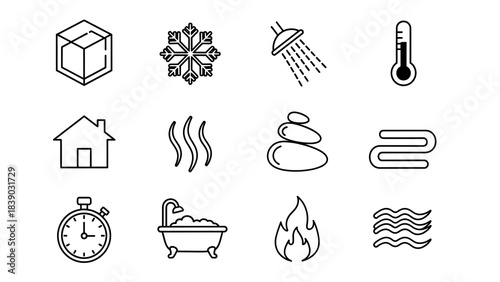 Collection of twelve black outline icons representing temperature control spa elements home comfort and water activities for web design