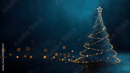 Abstract Christmas tree made of golden light on dark background with bokeh and copy space
