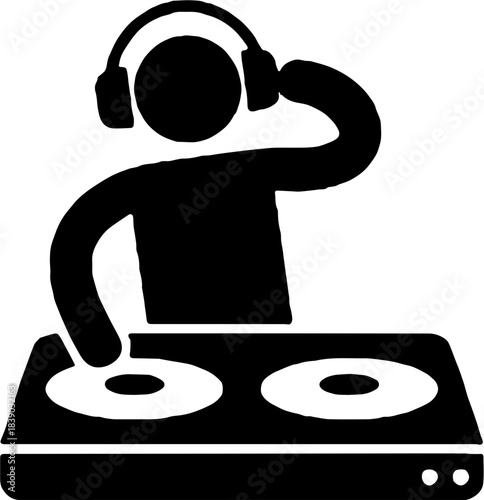 DJ silhouette playing music on turntables isolated on white background.