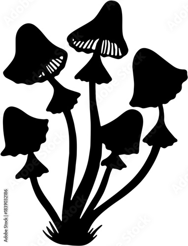 Mushroom cluster silhouette isolated on white background.
