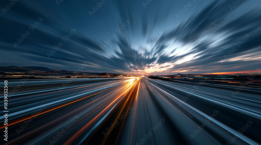 Obraz premium Dramatic Highway Motion Blur at Sunset with Vibrant Light Trails and Colorful Sky Scenery