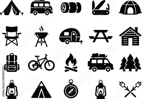 Collection of camping and outdoor recreation icons featuring tents campfires backpacks bicycles rvs and more for adventure and travel concepts