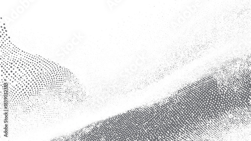 Pointillism grain field, wide diagonal gap, scattered stipple clouds along borders. Gradation of particles in monochrome background. Vector illustration. 