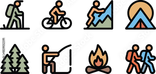 Collection of outdoor adventure icons featuring hiking biking mountain climbing camping fishing campfire and trekking for recreation and travel concepts