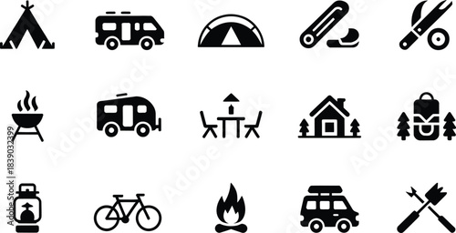 Collection of camping and outdoor activity icons including tents camper vans bbq grill lantern bicycle campfire and backpack for recreation and adventure