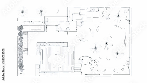 Top View Hand Drawn Landscape Architectural Garden Design Plan Sketch Illustration