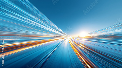 Futuristic Motion Blur of Light Trails from Cars on a Clear Sky Road During Sunset in Fast-Paced City