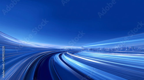 High-Speed Motion with Dynamic Light Trails Against a Blue Sky Over a City Landscape at Dusk