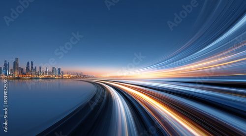 Vibrant City Skyline at Dusk with Dynamic Light Trails and Reflections on Calm Water Surface