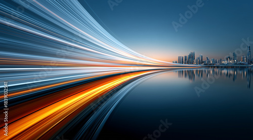 Vibrant City Skyline with Dynamic Light Trails at Dusk over Calm Water Reflection