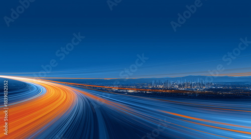Vibrant Light Trails Over a Cityscape at Dusk with a Clear Blue Sky and City Highlights in the Background
