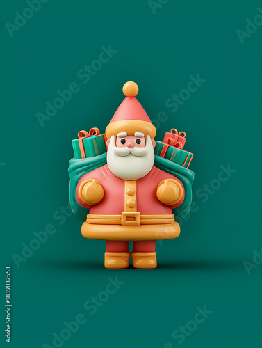Colorful 3D Santa Claus Character with Christmas Gifts, Fun and Cheerful Holiday Decoration