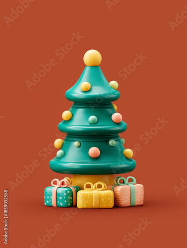 Colorful Christmas Tree with Bright Ornaments and Gifts on Warm Background