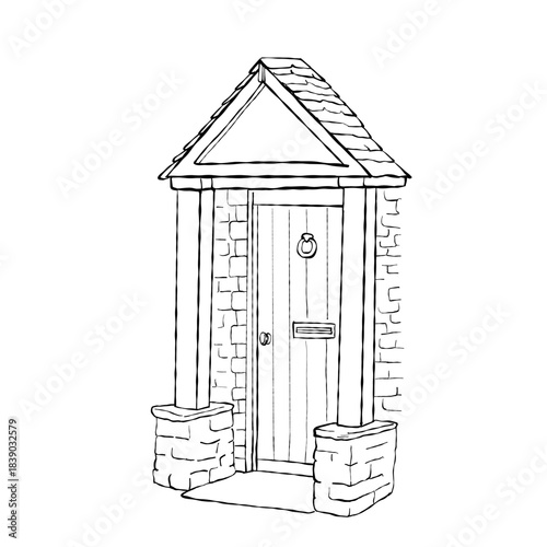 Hand drawn cottage front door with stone porch columns and gable roof entrance isolated on white background for home decor and real estate design