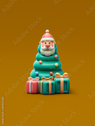 Cute Christmas Tree with Santa Figurine and Colorful Gift Boxes on a Warm Background for Holiday Cheer