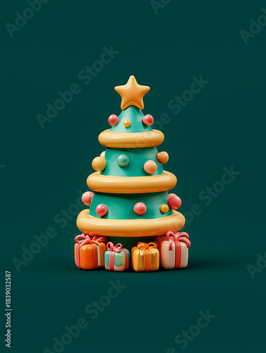 Festive 3D Christmas Tree Decorated with Colorful Ornaments and Surrounded by Gift Boxes