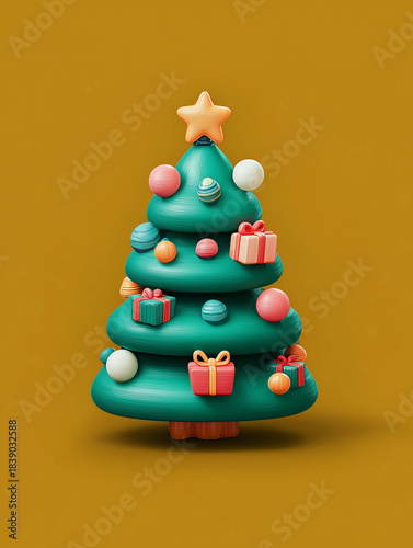 Colorful Christmas Tree with Ornaments and Gifts on Golden Background for Festive Celebrations
