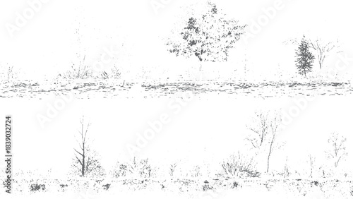 Minimalist CAD tree line set for architectural and landscape design drawings. Wetland forest section outlines in vector CAD style for landscape planning. 