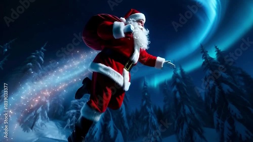 Santa Claus flies over a snowy forest under a vibrant aurora borealis in a fantastical winter scene.