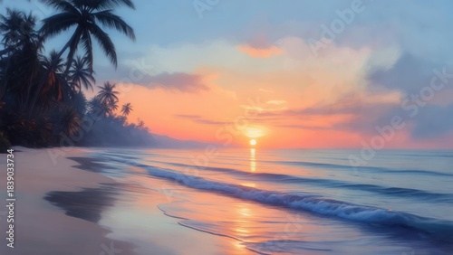 Fototapeta Naklejka Na Ścianę i Meble -  A coastal sunset painting with palm trees, a sandy shore, and the sun reflecting in the ocean
