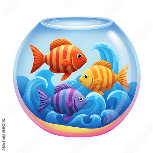 Vibrant cartoon fish swimming playfully among blue waves inside a clear, stylized glass fishbowl