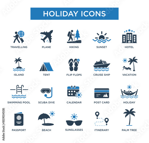 Summer Holiday Icons Collection – Travel, Beach, Adventure, and Vacation Elements. Vector Illustration.