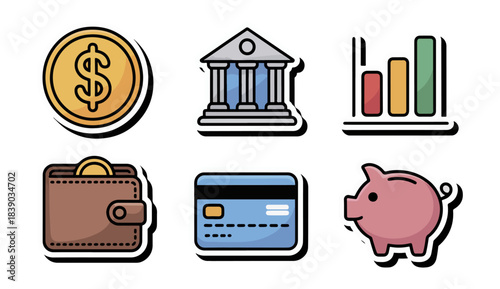 Finance icons set coin bank chart credit card wallet
