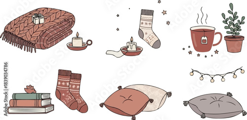 Hygge cozy winter lifestyle illustration with warm socks, tea mug, candles, books, and throw blanket, comfortable indoor relaxation vector