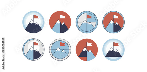 Mountain peaks with flags in circular frames design elements