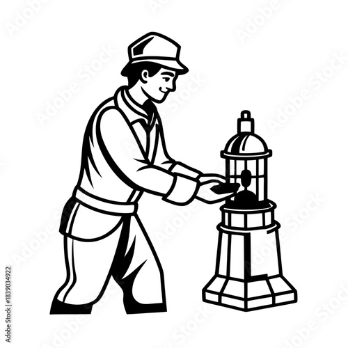 Vintage man operating a water pump in an urban area during the daytime