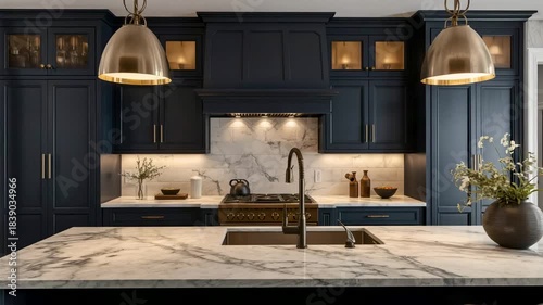 Modern kitchen interior with navy blue cabinets, marble countertop, pendant lights, and kitchen accessories.