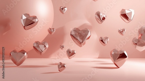 Ultra-Modern Valentine's Pattern: Scattered Geometric Rose Gold Hearts on a Soft Pink Gradient, Conveying Digital Love and Futuristic Style.