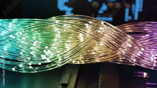 Illuminated fiber optic cables in vibrant colors animation