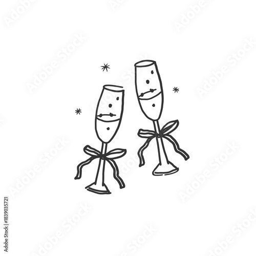 Two glasses of champagne. Clinking festive alcoholic drinks an isolated background. Refreshing drink, beverage. Design for Save the date card, wedding, party.  Vector illustration in line art style