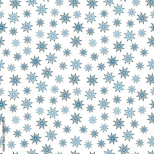 Seamless isolated pattern of icy sparkling crystals and stars on a white background. Vector illustration.