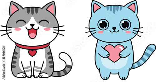 Adorable cat mascots with heart symbols in playful cartoon flat vector illustration style for romantic concepts