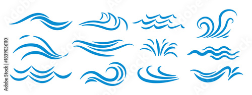 Splashes and waves of water. Swirls, curves and flow, blue water waves. Dynamic fluid, ripple effect. Ocean, sea, river and lake. Flat vector isolated illustration set