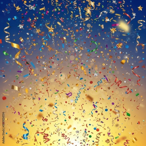 Explosion of Colorful Confetti and Streamers Falling Down.