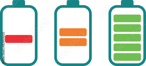 Battery level indicator icons showing low medium and full charge status in simple flat vector style