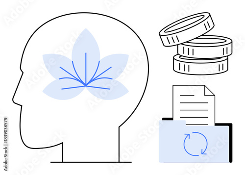 Wellness, finance, productivity, data management, mindfulness, organization. Side profile of a head with a flower inside, coins folder with document. Wellness and finance concept