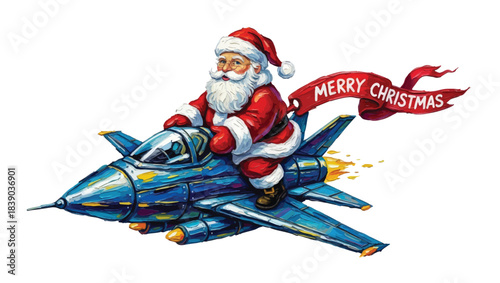 Santa claus riding on top of jet airplane
