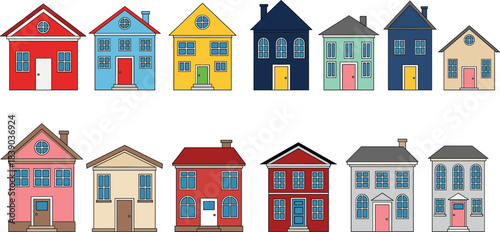 Colorful residential house icon set in flat vector style featuring townhomes cottages and family homes isolated
