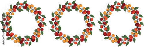 Colorful fruit wreath frames with leaves and berries in flat vector style perfect for summer branding