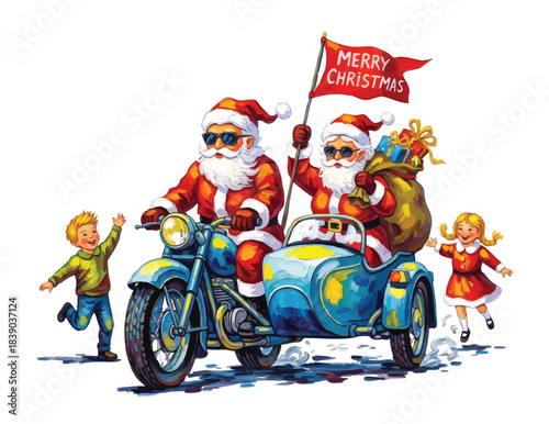 Festive vector illustration of Santa Claus riding a bike with a sidecar, delivering gifts in a cheerful Christmas theme.