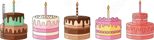 Cute birthday cake illustrations set with candles in colorful cartoon flat vector style for celebration designs