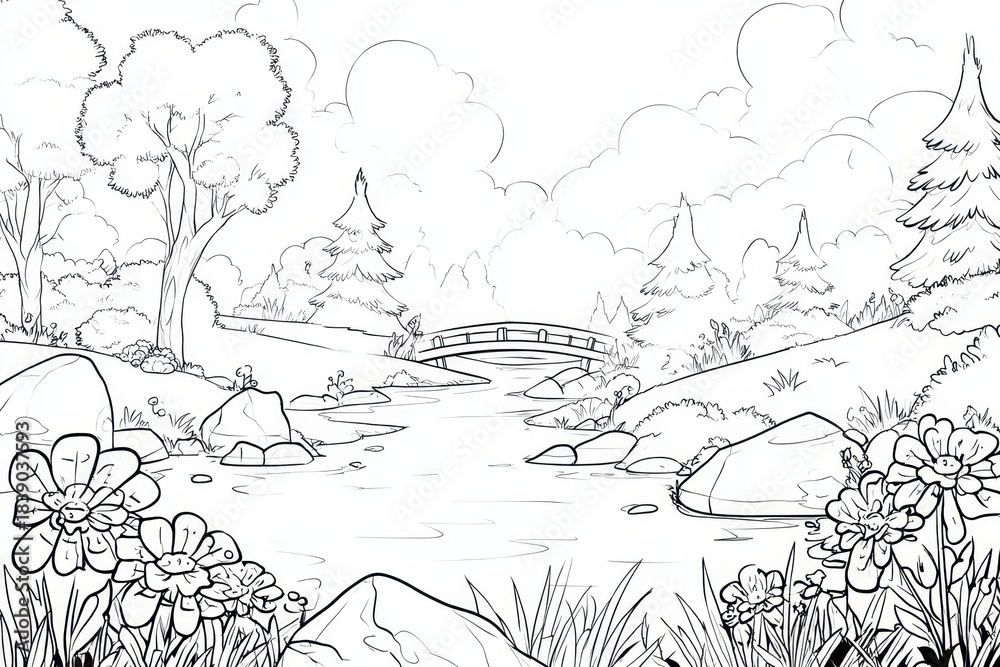 Fototapeta premium Calm Garden River Coloring Scene: Trees, Water, and a Wooden Bridge for Young Artists