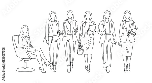 Line art of five women in business suits, one seated, others standing and walking, holding documents and bags.