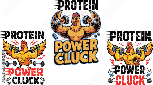 Strong Muscle Chicken Mascot Protein Power Cluck Gym Fitness Workout Cartoon T-Shirt Design Set Vector Illustration