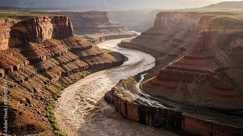 Majestic Canyon River Carving Through Rugged Landscape at Sunrise.