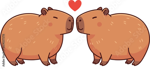 Cute capybara couple in love illustration with heart in adorable cartoon flat vector style for valentine designs